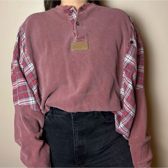 Vintage Reworked Upcycled Wrangler Long Sleeve Two Tone Henley Flannel Shirt Top - Picture 4 of 4